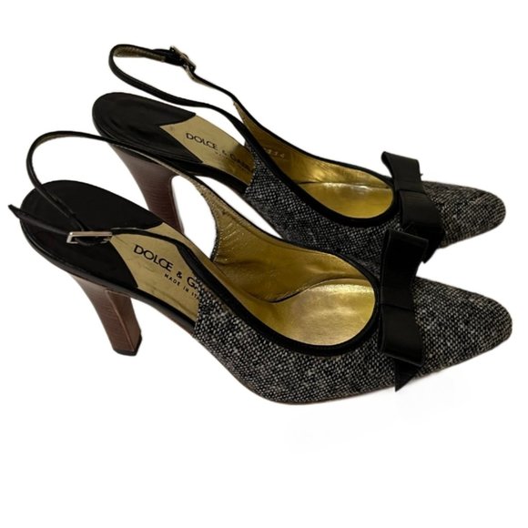 Dolce & Gabbana Shoes - Dolce & Gabbana Black & Gray Tweed Slingback Heels Black Bow Wooden Heels Size 6